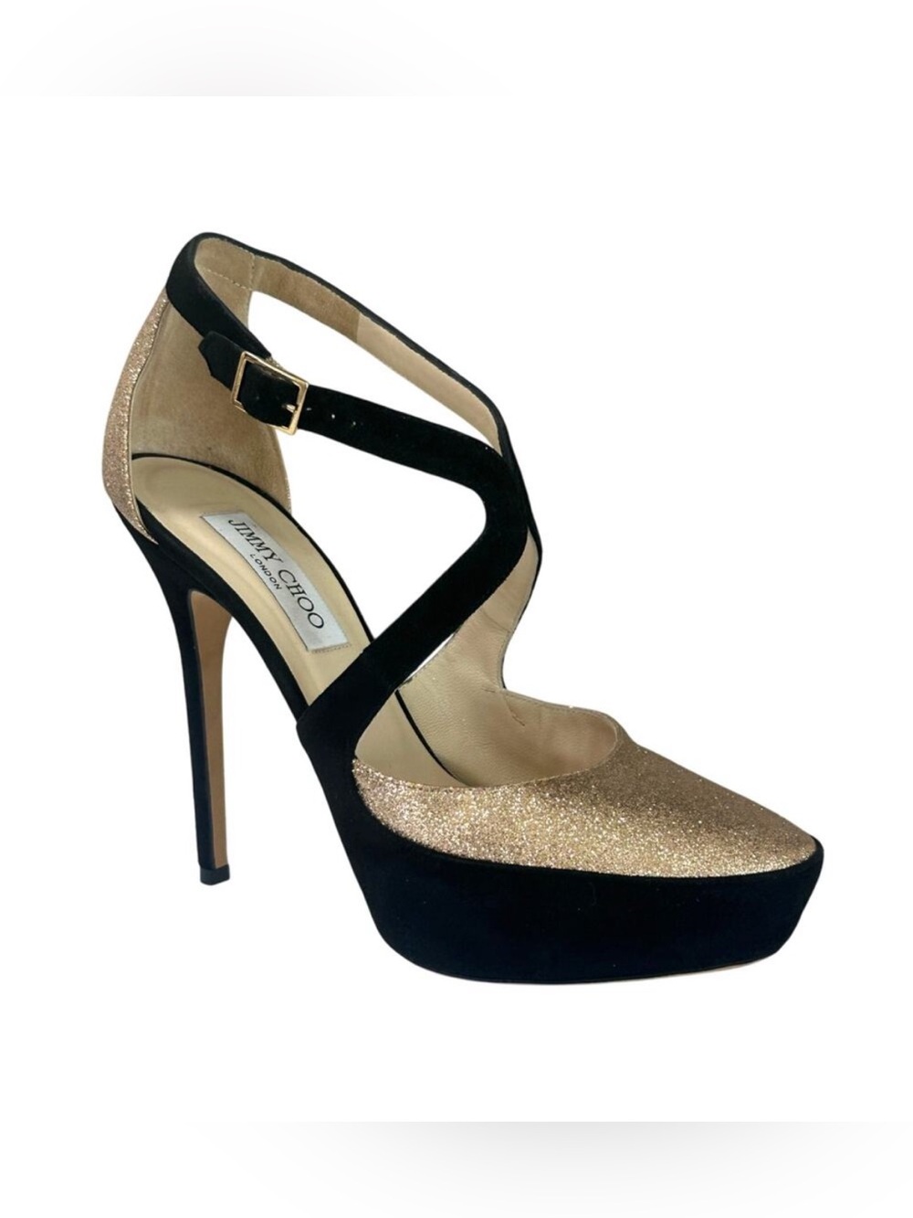 Jimmy Choo Black Suede & Gold Glitter‎ Platform Pumps IT 39.5 US 9.5